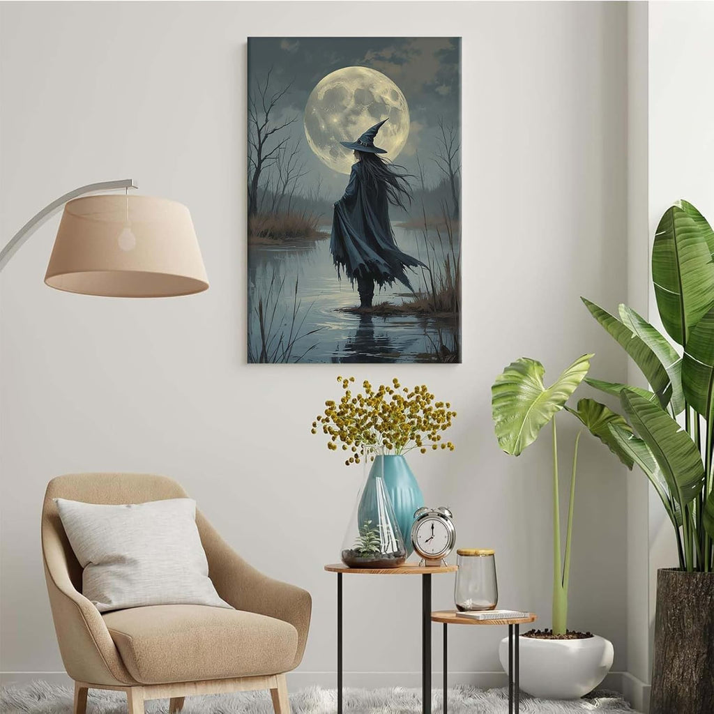 Witch in the moonlight magic canvas wall art enchanting Halloween home decor swamp witch silhouette oil painting mysterious gothic aesthetic wall decor print poster24x36in Wood Framed