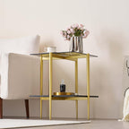 Glass End Table, Mid-Century Modern Design Sofa Table, for Living Room, L18 x W18 x H23 in, Clear Glass Top and Walnut MDF Shelf, Sleek Conical Metal Legs with Gold Finish Frame