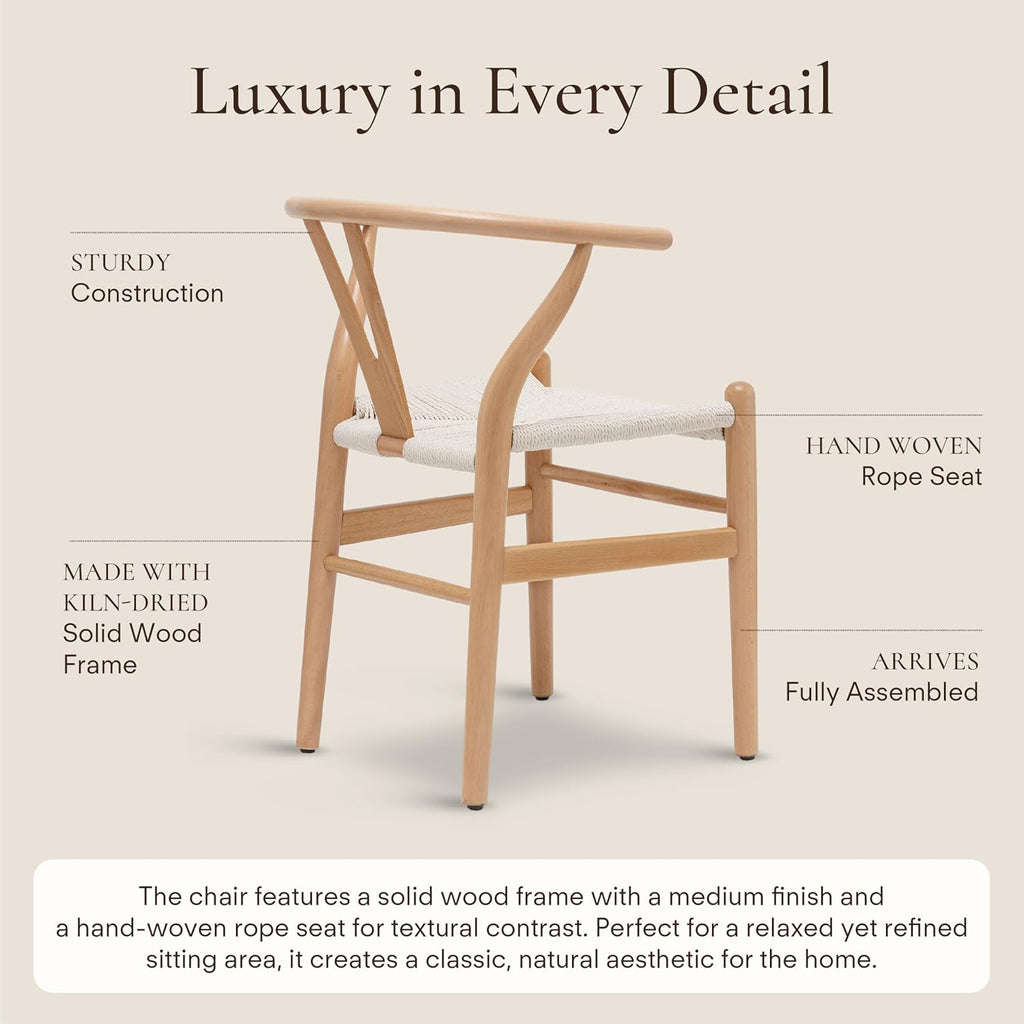 POLY & BARK Weave Dining Chairs – Mid-Century Modern Wishbone Dining Chairs with Arms, Solid Wood Frame, Indoor Use – Natural – Set of 2 - Ideal for Dining Room, Kitchen or Stylish Accent Setting