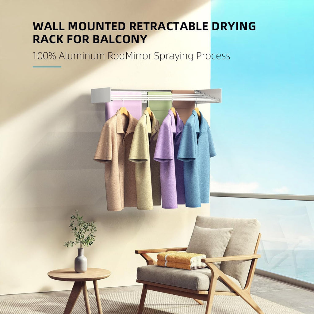 Laundry Drying Rack, Collapsible Wall Mounted Clothes Drying Rack - Drying Rack Clothing Foldable,Space Saving, 31.5" Wide, 13.2 Linear Ft, 5 Aluminum Rods, 60 lb Capacity (White, 31.5")