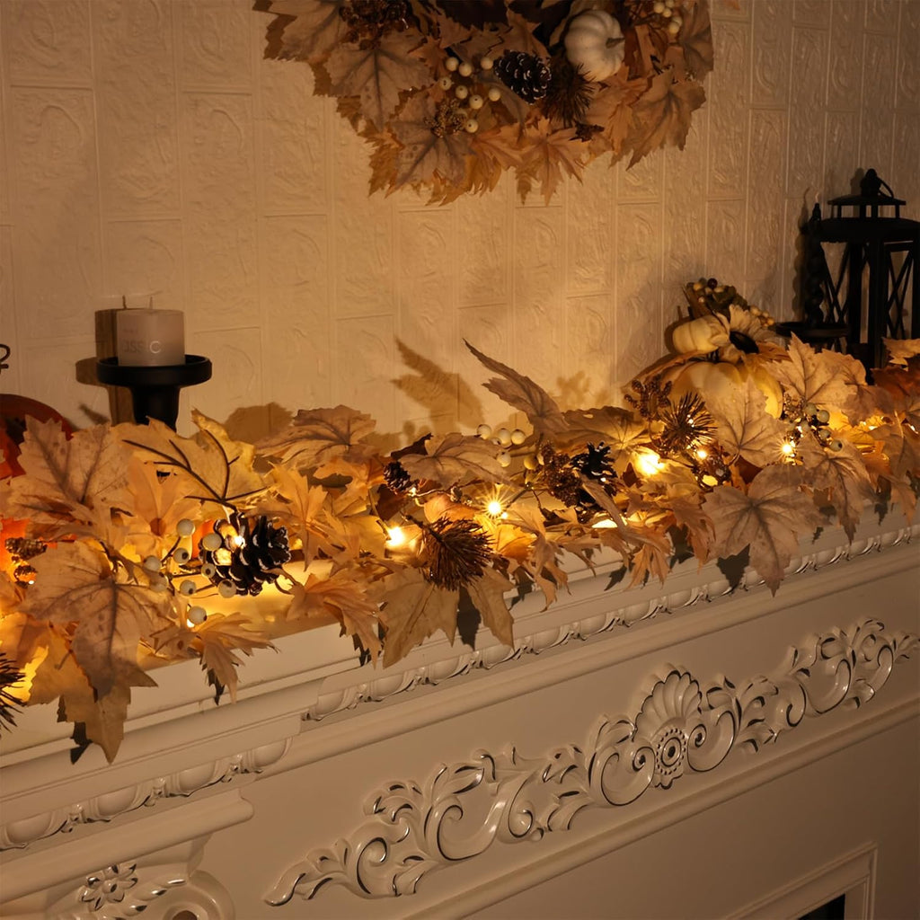 Realistic Fall Garland with Lights, 6 FT Real Touch Feel Leaves Garland with Berries Pine Cones, Fall Decorations for Home Thanksgiving Halloween Decorations Indoor Farmhouse Porch Fireplace