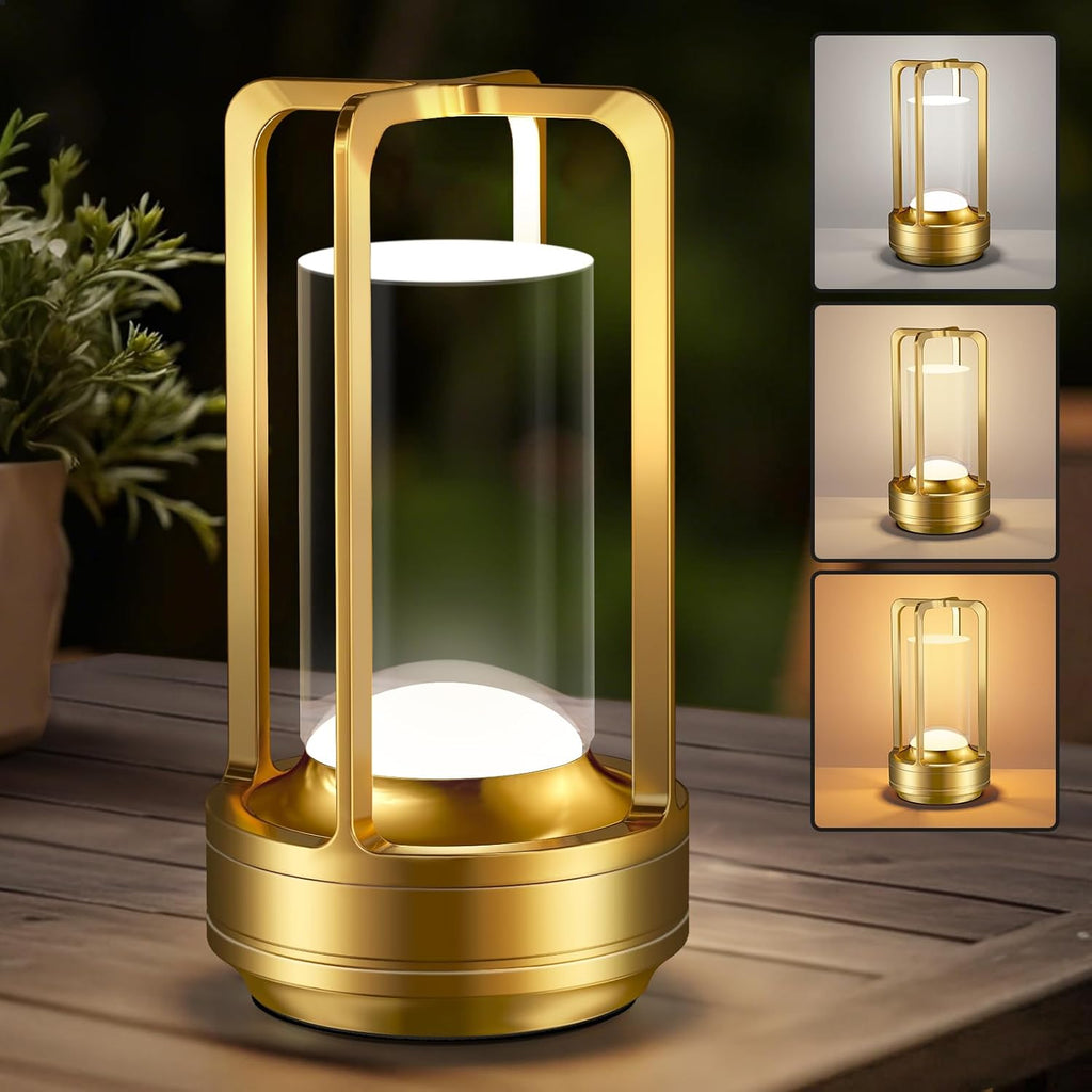 Portable Table Lamp for Outdoor Indoor: Cordless Rechargeable Desk Lamp with 3 Color Stepless Dimmable - Metal Battery Operated Small Lantern Light for Restaurant/Bedroom/Bar/Coffee Shop/Camping