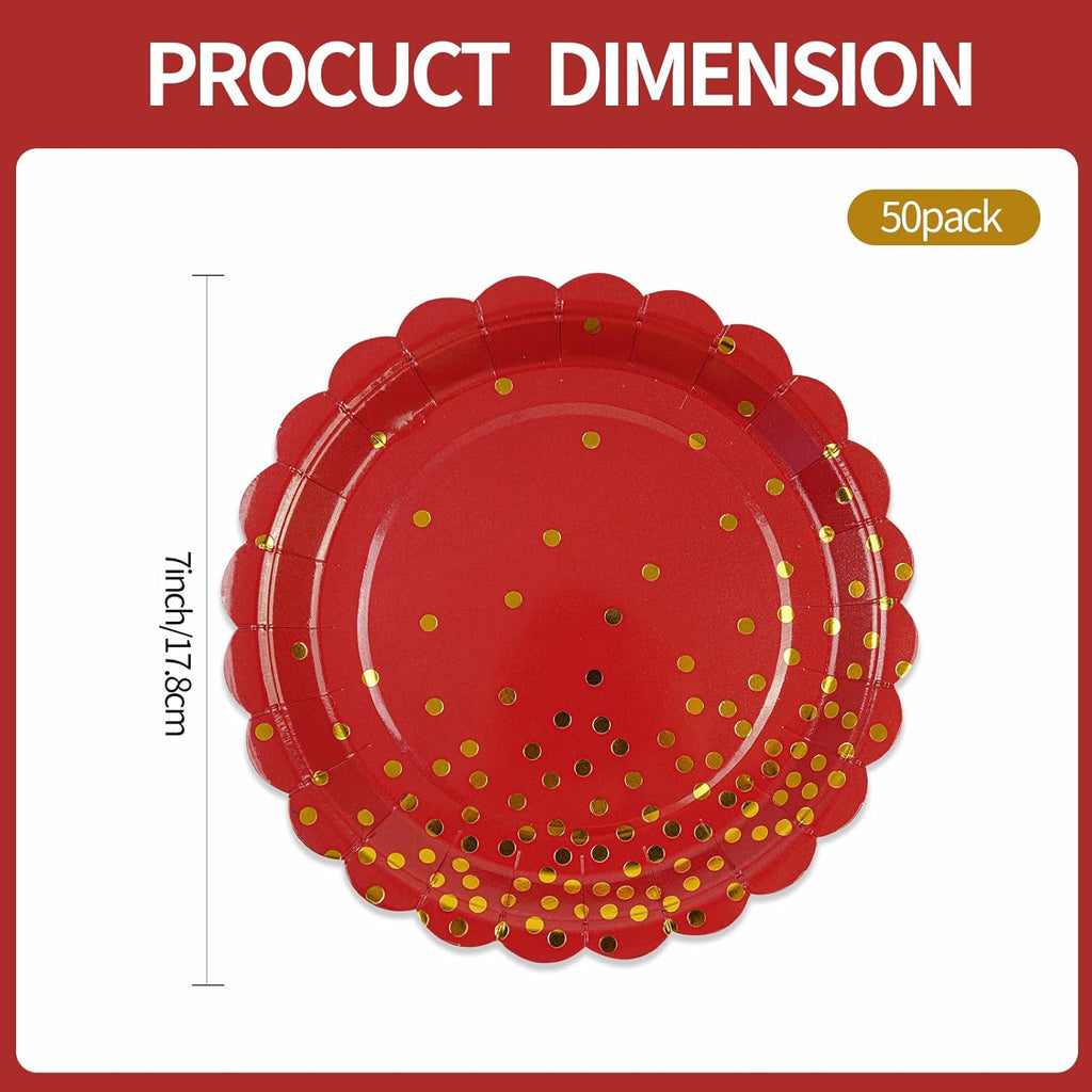 50PCS Red Paper Plates, 7 Inch Scalloped Red and Gold Party Plates Disposable Foil Polka Dots Dessert Plate Cake Plate for Wedding Baby Shower Birthday Anniversary Bachelorette Dinner BBQ