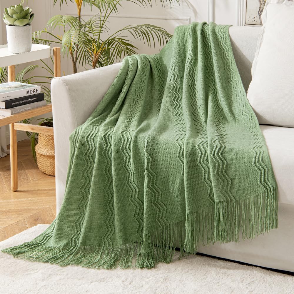MIULEE Sage Green Knitted Throw Blanket for Couch Textured Spring Knit Blanket with Tassels Cozy Woven Boho Bed Blanket for Sofa Bed Chair Acrylic Wave Pattern 50"x60"