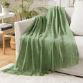 MIULEE Sage Green Knitted Throw Blanket for Couch Textured Spring Knit Blanket with Tassels Cozy Woven Boho Bed Blanket for Sofa Bed Chair Acrylic Wave Pattern 50"x60"