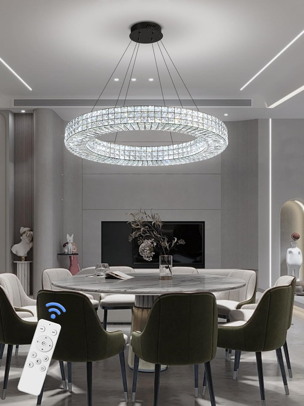 Dia 40" Modern Chandelier Ring Crystal Chandelier Adjustable Height Luxury Crystal Pendant Ceiling Light Fixture for Dining Living Room Bedroom