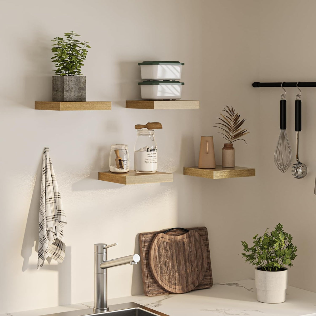 Square Floating Shelves for Wall, 10" W x 10" D x 1.2" H, Small Wooden Wall Mounted Display Shelves with Invisible Brackets for Living Room, Bedroom, Bathroom, Kitchen Decor, Set of 4, Oak