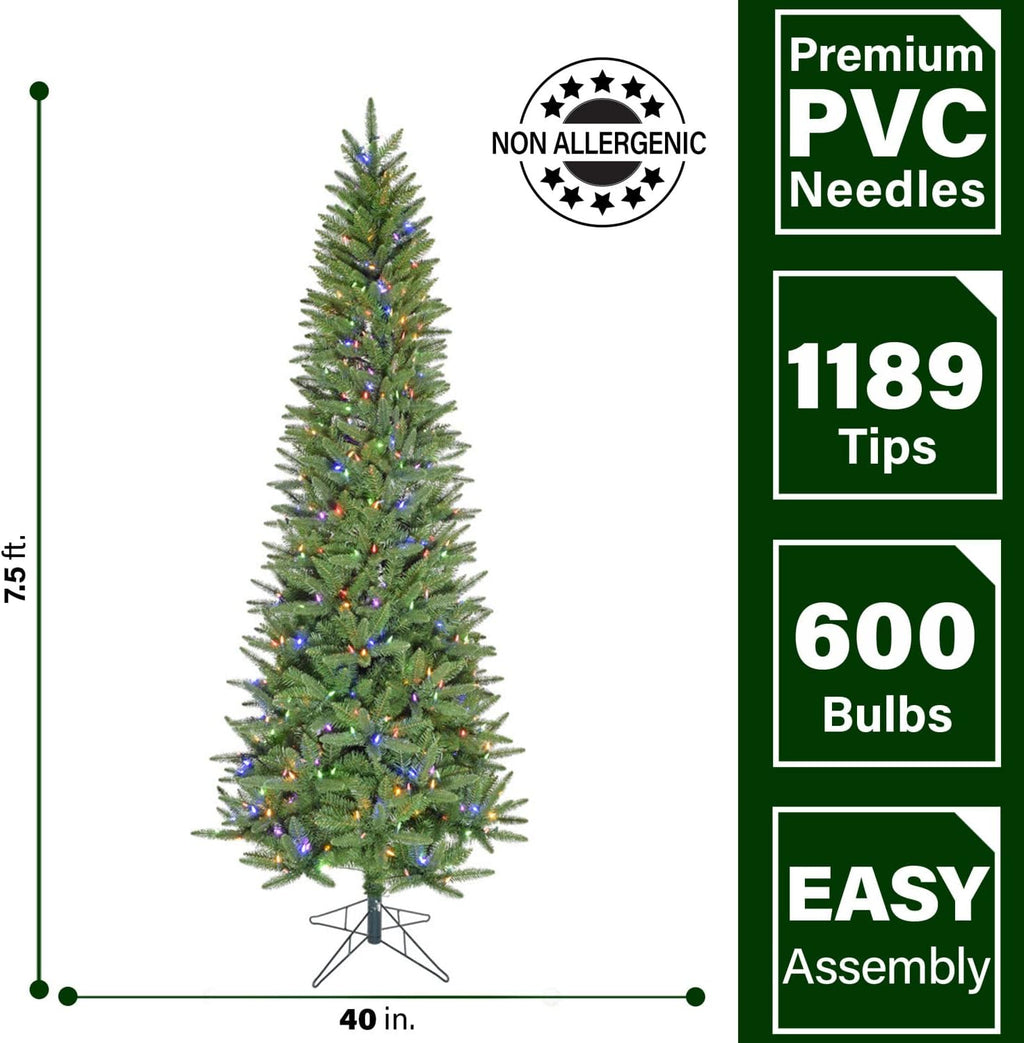 Fraser Hill Farm 7.5-ft. Winter Falls Slim Christmas Tree with 8 Function Dual Multicolor & Warm White LED Lights, Artificial Tree