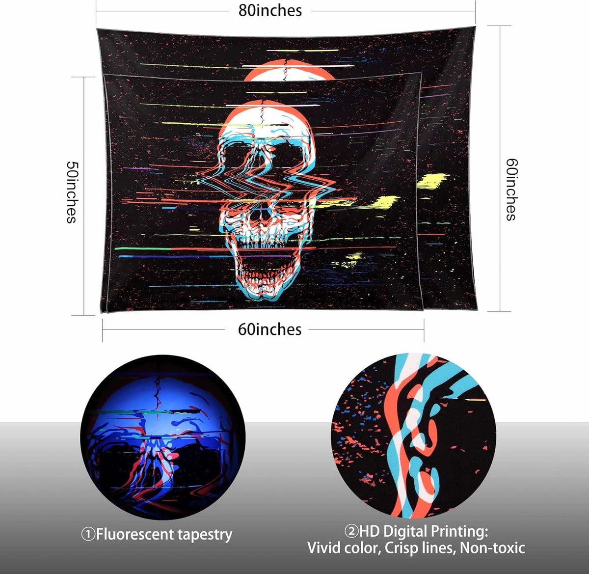 ADDWel Blacklight Skull Tapestry, Black Psychedelic Tapestry Glow In The Dark, UV Reactive Black Light Tapestries Posters Wall Hanging for Room Decor(50 * 60inches)