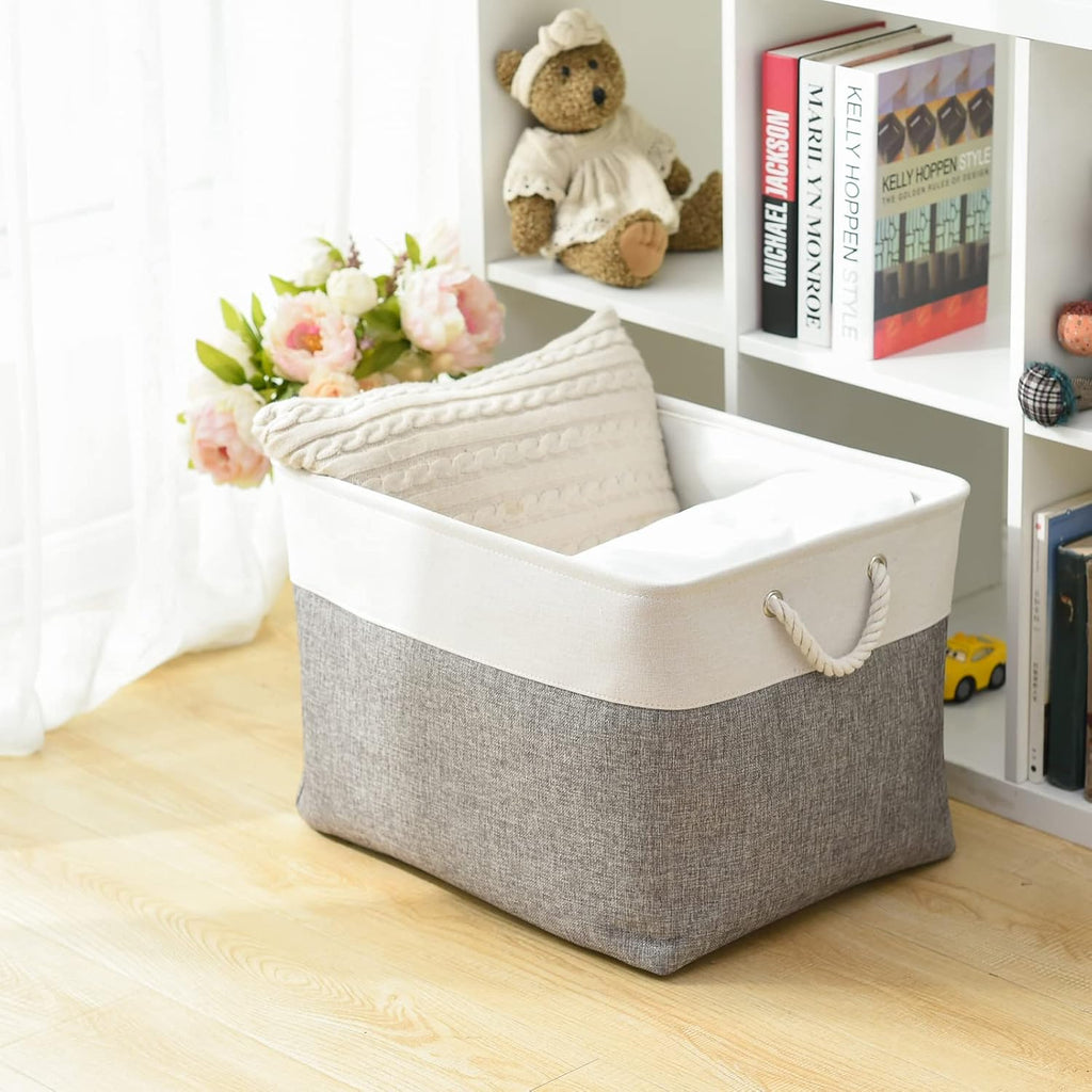 TheWarmHome Storage Bins Baskets for Organizing, 20.5L×15.7W×13.8H 3 Pack Sturdy Fabric Storage Basket W/Handles, Decorative Foldable Storage Baskets for Shelves Closet Nursery Toy (White & Grey)