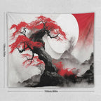 Cherry Blossoms Tapestry,Japanese Red Landscape Asian Watercolor Abstract Art Tapestry,Japanese Wall Tapestry, Nature Landscape Tapestries for Bedroom Living Room Decor 60"x50"