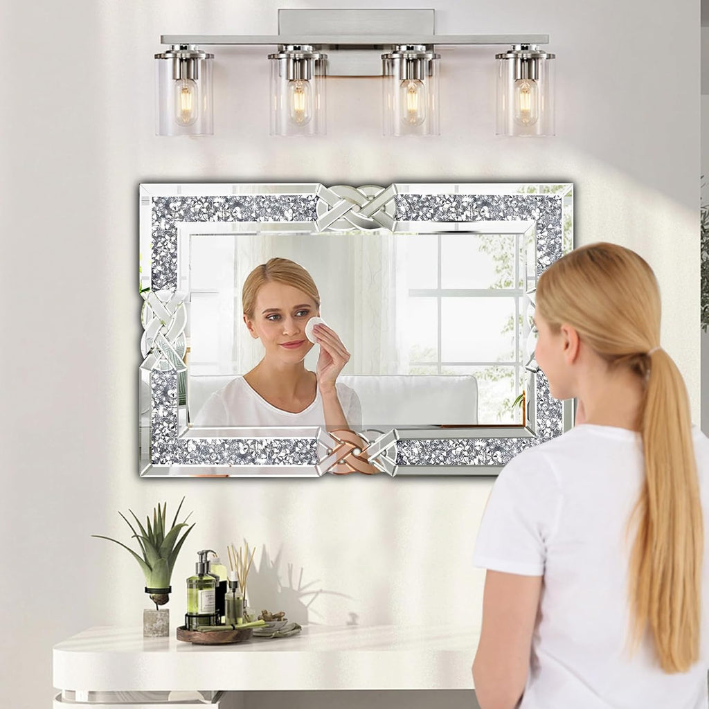 Crushed Diamond Decorative Wall Mirrors, 27.7x39.5 Inch Rectangle Living Room Mirrors for Wall Decor, Modern Glam Bathroom Dining Room Entryway Mirror Silver