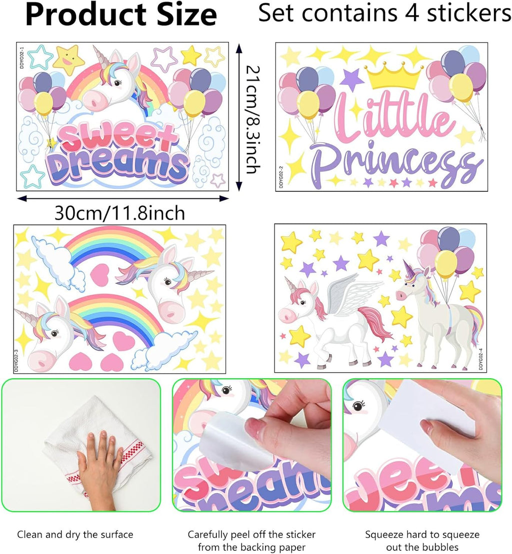Glow in The Dark Stickers, 89 PCS Glow Stars Unicorn Ceiling Stickers Unicorn Rainbow Sweet Dreams Wall Decals for Kids Girls Bedroom Nursery Playroom Party Room Decor