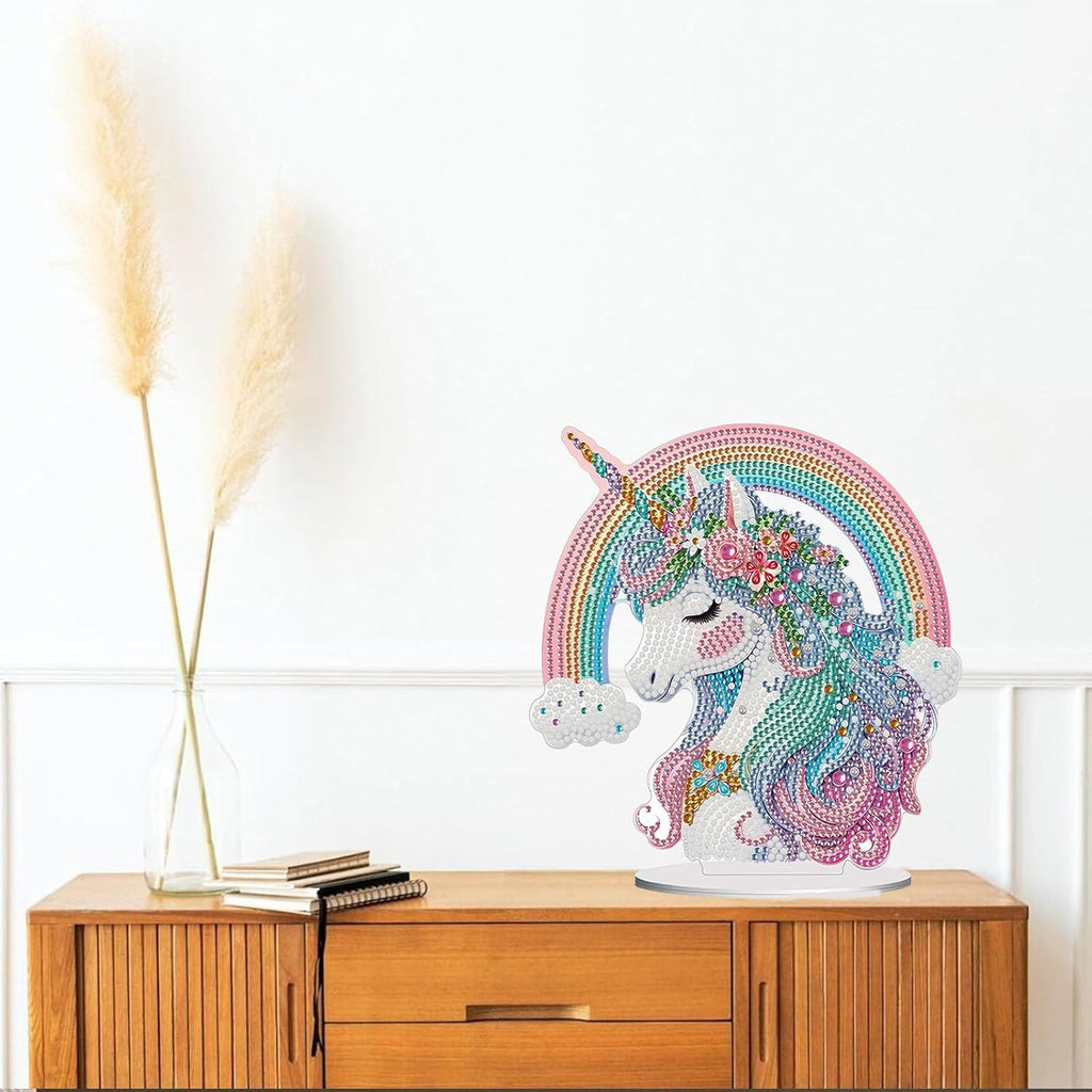 Diamond Painting Kits for Adults Beginners, 5D Full Drill Rainbow Pony Crystal Art Desktop Ornament, DIY Single Sided Home Office Desk Decor, Creative Craft Gift Set with Tools
