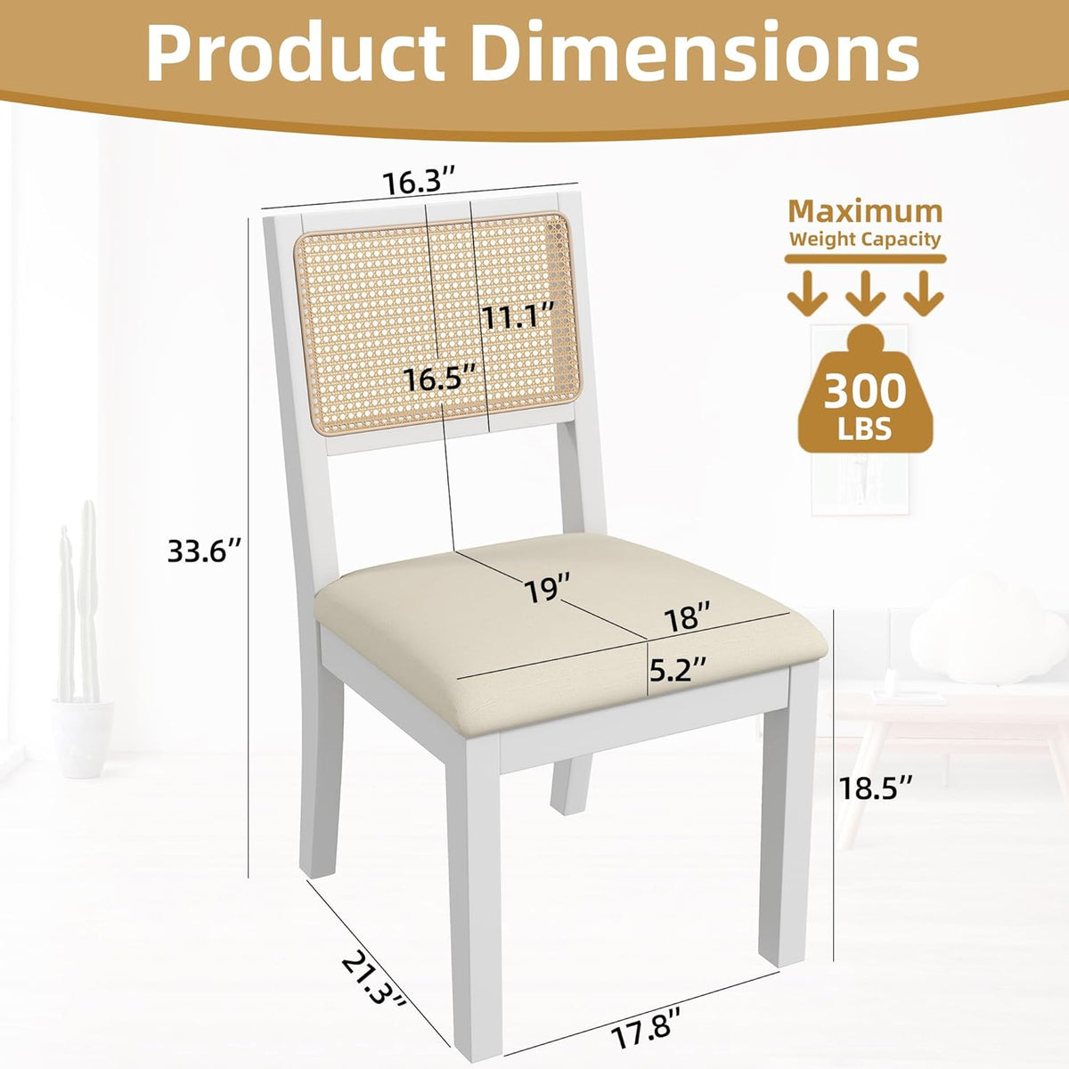 Westice Rattan Dining Chairs Set of 6, Farmhouse Natural Dining Room Chairs with Upholstered Cushion, Wood Armless Chairs for Kitchen/Restaurant, White