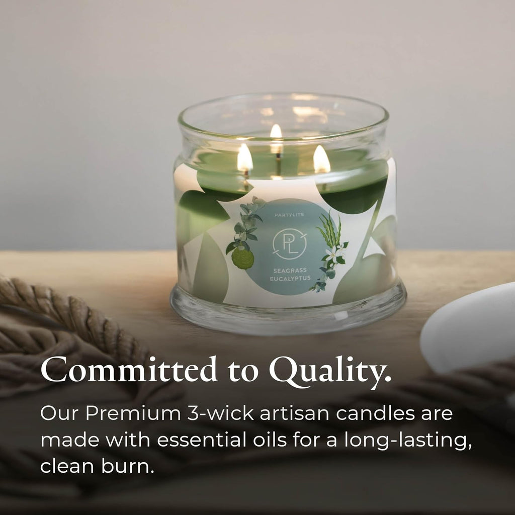 PartyLite Sea Grass Eucalyptus Scented, Notes of Eucalyptus, Lemon, Seagrass & Driftwood, 13.2oz 3-Wick Jar Candle, 45 Hour Burn Time, Luxurious Fragrance, Ideal for Gifting