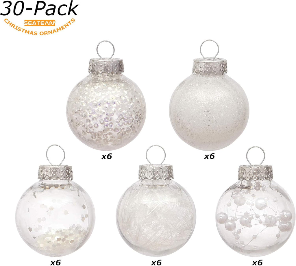 Sea Team Shatterproof Clear Plastic Christmas Ball Ornaments Decorative Xmas Balls Baubles Set with Stuffed Delicate Decorations (50 mm/1.97"/30-Pack, White)