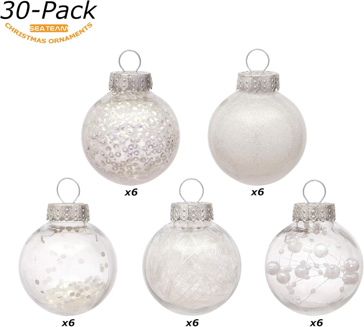 Sea Team Shatterproof Clear Plastic Christmas Ball Ornaments Decorative Xmas Balls Baubles Set with Stuffed Delicate Decorations (50 mm/1.97"/30-Pack, White)