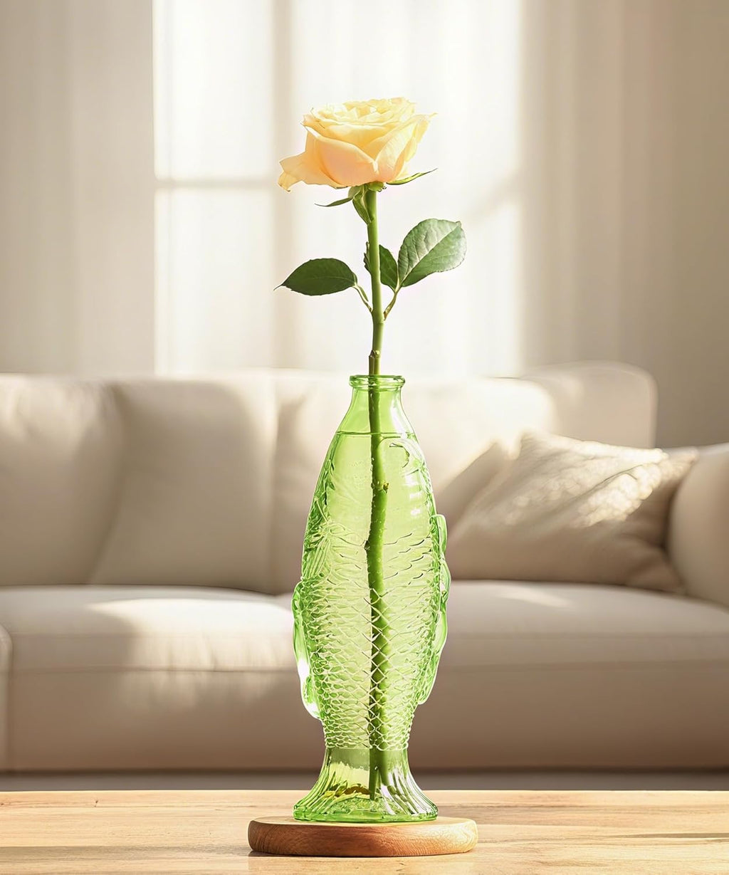 Nacome Fish Vase Glass Plant Terrarium with Wooden Stand,Plant Propagation Station for Home Office Hydroponics Desk Decoration,Unique Gardening Gifts for Plant Lovers Women Mom(Green)