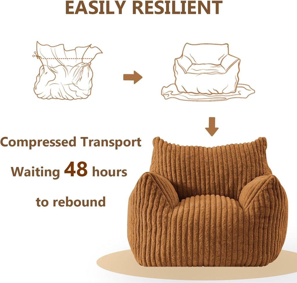 Giant Bean Bag Chairs for Adults Teens, Large Bean Bag Sofa Chairs with Filling Comfy Fuzzy BeanBag Chair with Armrests for Bedroom Living Room Reading (Brown, Large)