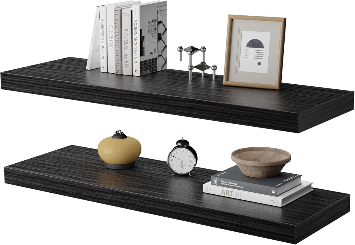 Large Floating Shelves for Wall Set of 2 Wooden Wall Shelves 30 in x 12.75 in x 2 in Room Decor Long Shelf with Invisible Wall Mount Bracket for Bedroom Kitchen Living Room Black Wood