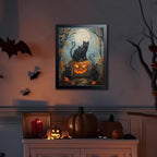 Halloween Black Cat Wall Art, Dark Academia Spooky Pumpkin Poster Wall Decor, Vintage Gothic Witchy Cat Canvas Print, for Bedroom Living Room Aesthetic Decor 12x16 Inch Wood Framed