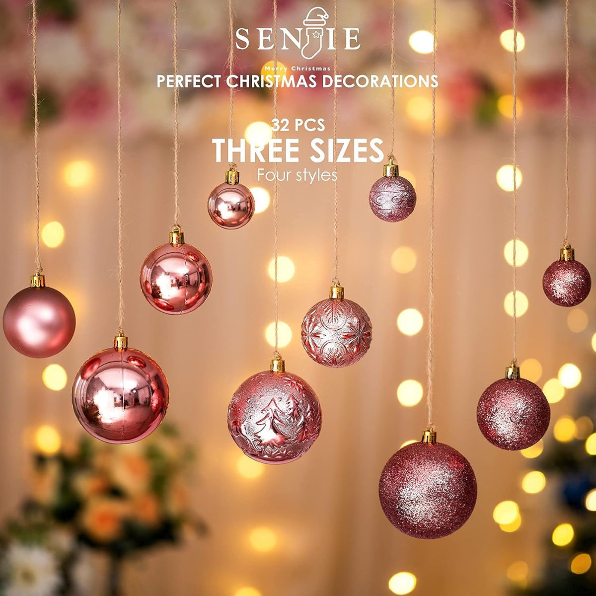 Senjie Rose Gold Shatterproof Christmas Ornaments, 32 Pcs, Plastic, Hanging, Christmas, Wedding