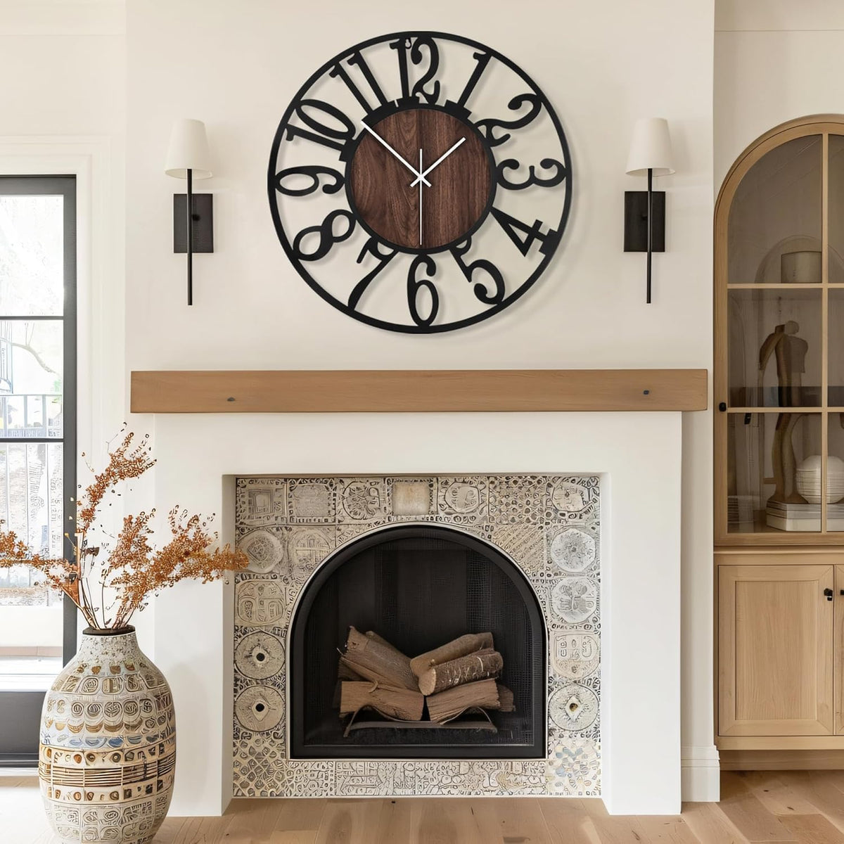 Maxstar Large Round Wall Clock for Living Room Decor Battery Operated Non Ticking Black Metal Wood Clocks for Home Living Room Garden Farmhouse Office Kitchen Decoration -24 inch