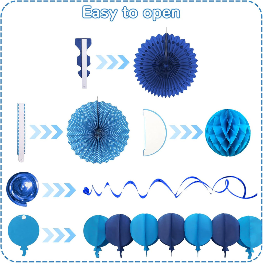 Blue Party Decorations, Easy Assembly Paper Fan Honeycomb Ball Garland Hanging Swirl Navy Blue Party Supplies for Boy Men Graduation Birthday Bridal Shower Baby Shower Party Decorations
