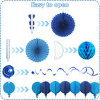 Blue Party Decorations, Easy Assembly Paper Fan Honeycomb Ball Garland Hanging Swirl Navy Blue Party Supplies for Boy Men Graduation Birthday Bridal Shower Baby Shower Party Decorations