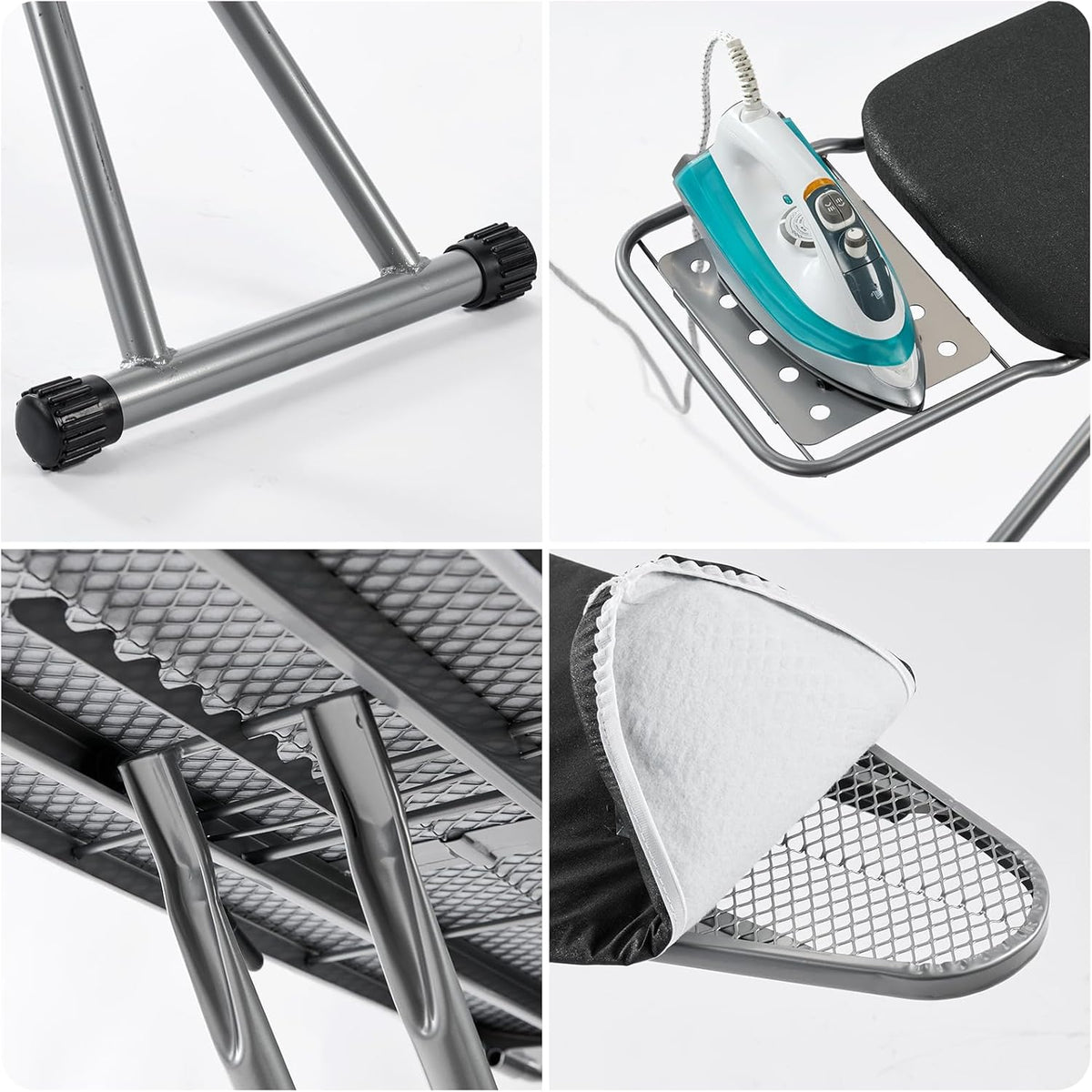 Ironing Board, Heat Resistant Cover Iron Board with Steam Rest, Non-Slip Foldable Ironing Stand. Heavy Sturdy Metal Frame Legs Iron Stand(13 * 34 * 53 Inches) (Silver Black)