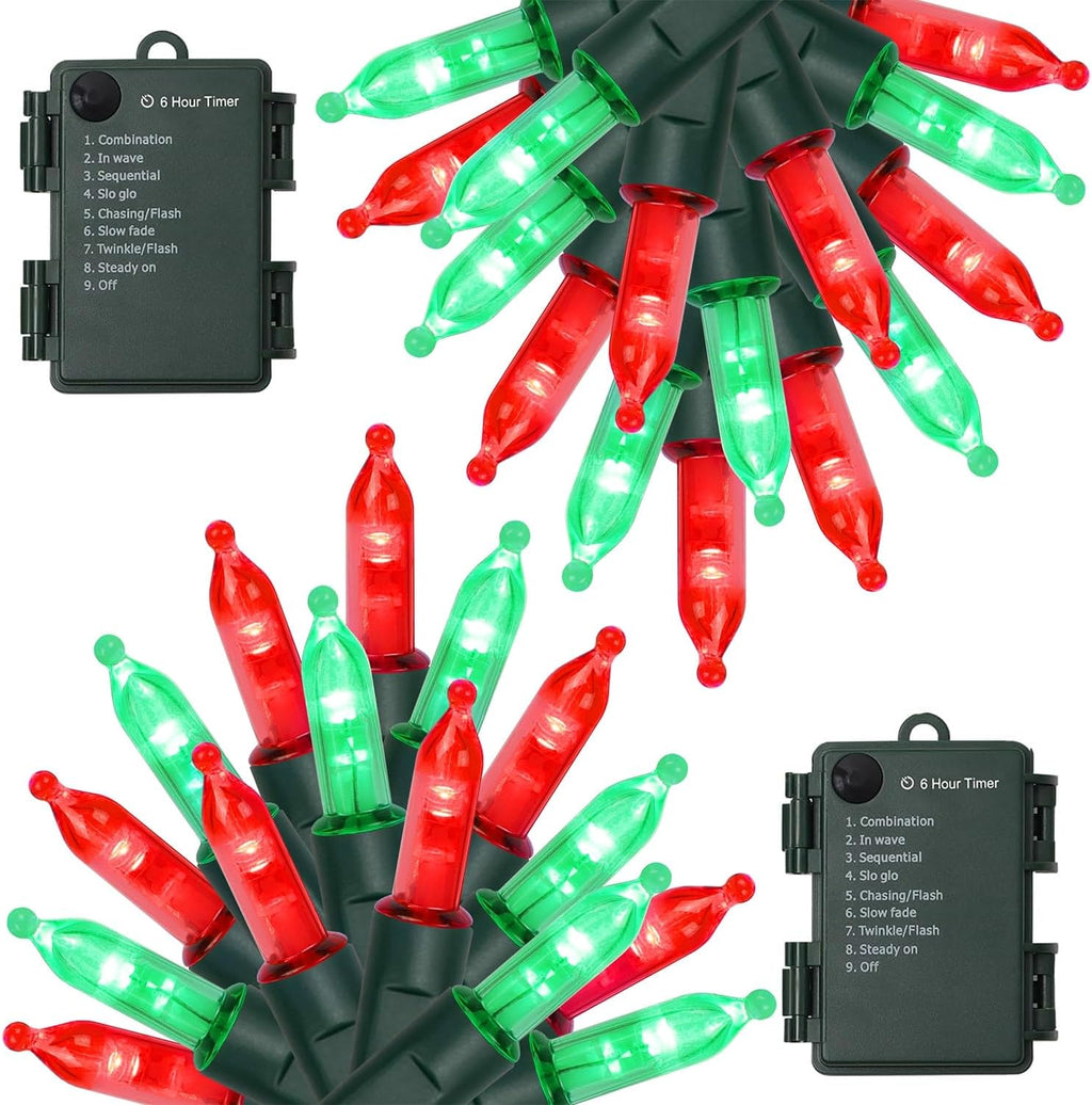 WATERGLIDE 2 Pack 50 LED Outdoor Christmas Lights, 16FT Battery Operated Mini String Lights with 8 Modes & Timer, Xmas Tree Lights Waterproof for Patio Garden Party Wedding Holiday Decor, Red & Green