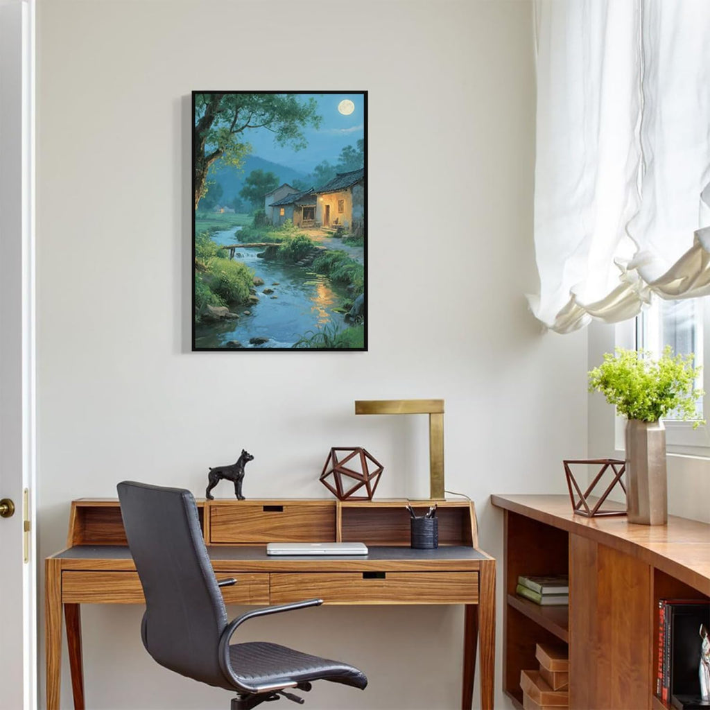 Moonlight under the big tree creek cabin scenery is suitable for posting in the living room bedroom office scenery poster wall painting