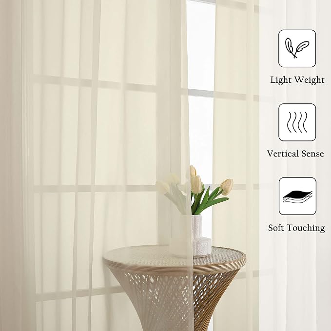 Cream Sheer Curtains 96 Inches Long 2 Panels Set, Modern Farmhouse Decor Light - Image 2