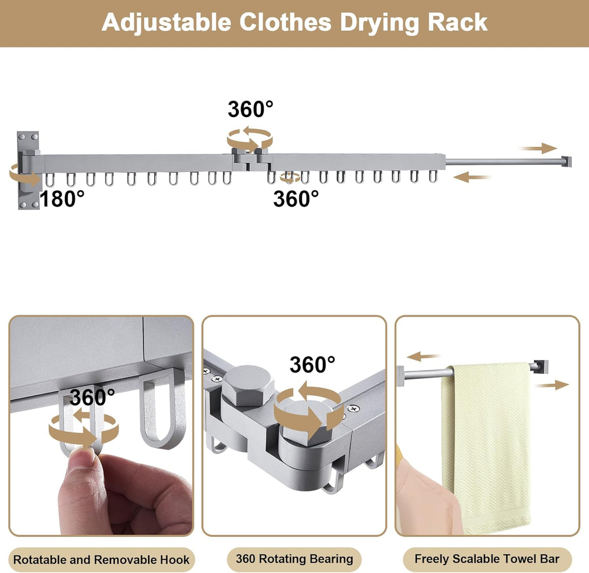 Bakala Clothes Drying Rack, Laundry Drying Rack Foldable, Heavy-Duty Space Saving Hangers, Wall Mounted Clothing Racks for Laundry Room Organization, Folding, Retractable 64" Clothes Dryer (Silver)