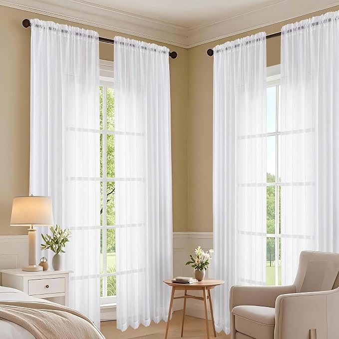 White Sheer Curtains 72 Inches Long 2 Panels Set, Light Filtering Sheer Curtains - Image 7