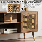 JYED Mid Century Modern TV Stand and Console for TVs Up to 75 inch - Rustic Oak Entertainment Center, 2 Gold Metal Mesh Doors & MDF Wood Grain, 15.8" D x 66" W x 23.5" H