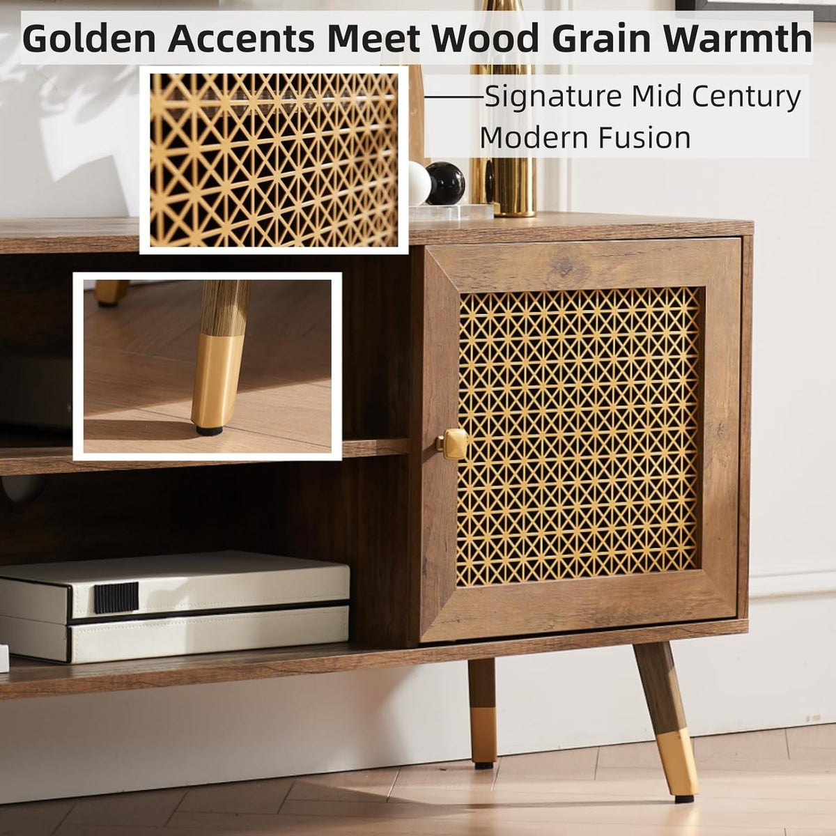 JYED Mid Century Modern TV Stand and Console for TVs Up to 75 inch - Rustic Oak Entertainment Center, 2 Gold Metal Mesh Doors & MDF Wood Grain, 15.8" D x 66" W x 23.5" H