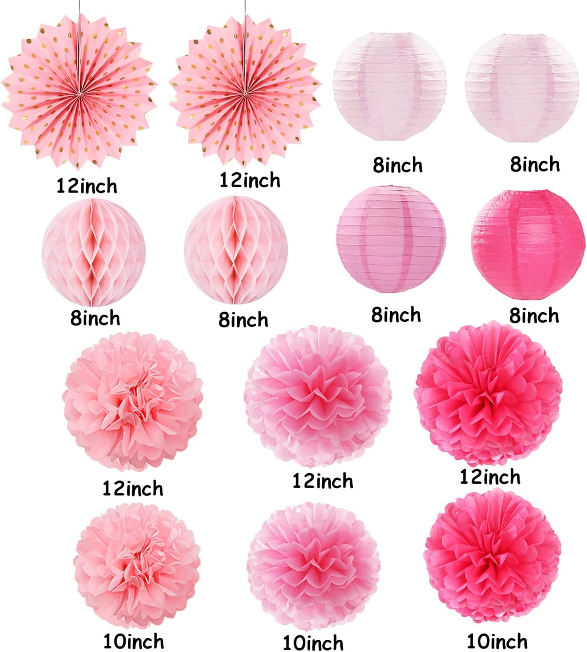 Rose Hot-Pink Party Decorations Streamers - 14pcs Girl Birthday Baby Shower Paper Lanterns Fan,Tissue Pom Poms,Honeycomb Balls,Bachelorette Bridal Wedding Engagement Supplies Decor Lasting Surprise