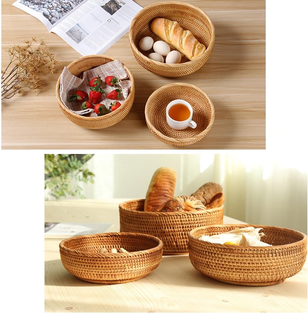 3 Pack Hadewoven Round Rattan Fruit Basket Wicker Food Tray Weaving Storage Holder Dinning Room Bowl, 10 Inch Small Wicker Basket Serving Tray Woven Basket for Bread,Snack,Brown(3-Size Kit)