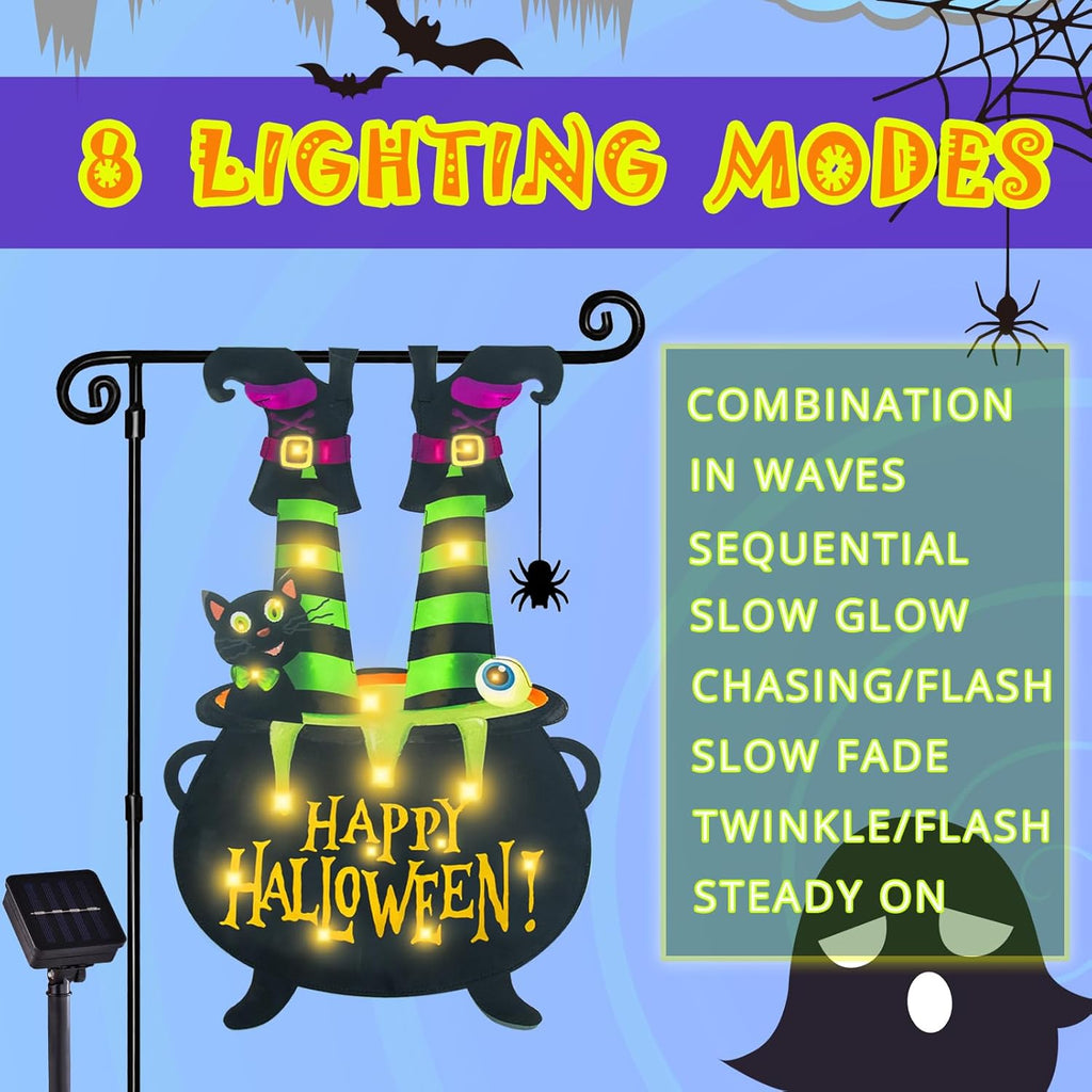 Halloween Lighted Garden Flag for Outside, Witch Feet Shape Flag Yard Decor, 8 Modes 12x18 Double Sided Cauldron Eyeball Black Cat Outdoor Hlloween Decorations for Home Porch（Warm White-12x18）