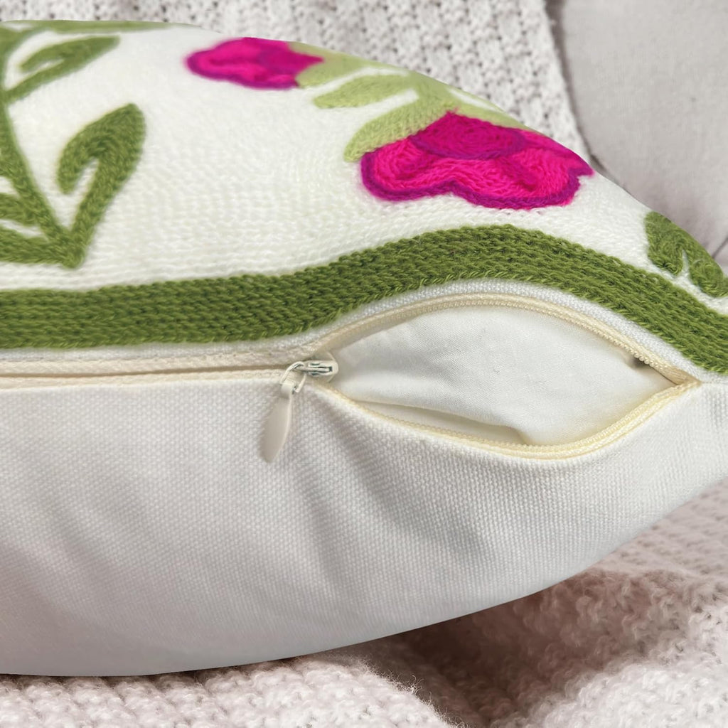 Alysheer Floral Embroidered Summer Decorative Throw Pillow Covers 20"x 20" Set of 2, Farmhouse Cottage Hot Pink Flowers Green Leaves Knit Pattern Cotton Canvas Cushion Case for Couch Bed Living Room