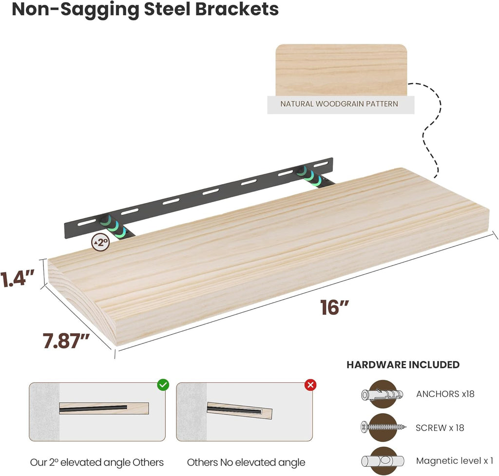 Natural Wood Floating Shelves 16”x 8”x 1.4” Book Shelf Floating for Wall Mounted, Heavy Duty Shelf Hold 35 lbs, Unfinished Wall Shelves for Bathroom, Living Room, Kitchen, Bedroom, Office