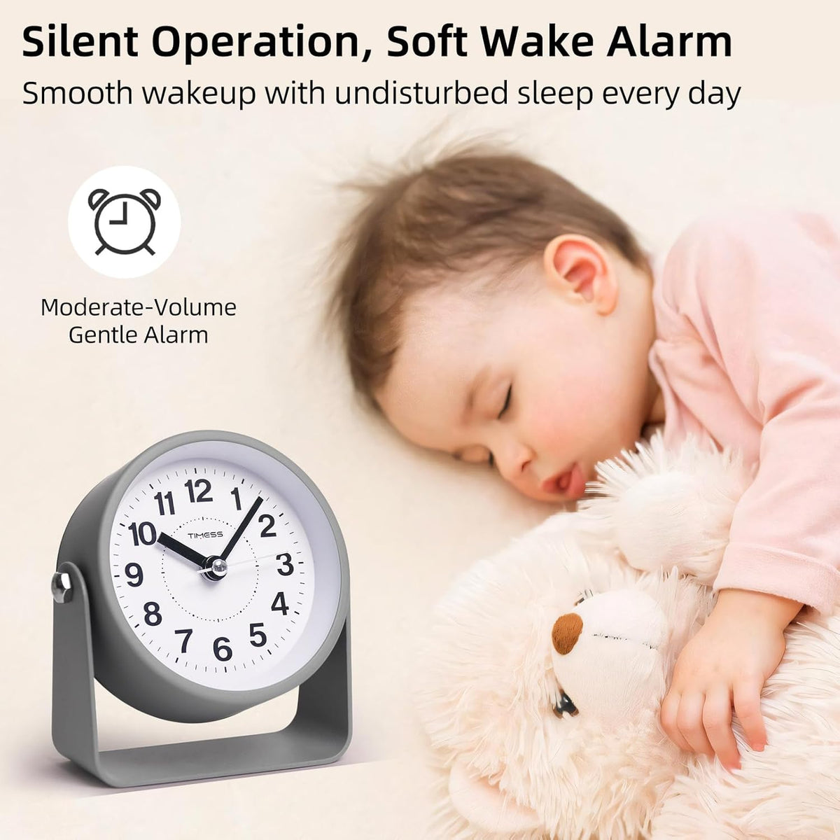 Analog Alarm Clock, Silent Non-Ticking Quartz Movement, Battery-Operated with Snooze & On-Demand Light, Easy to Set Gentle Wake Bedside Desk Clock, Ideal for Home, Travel, Office (Gray)
