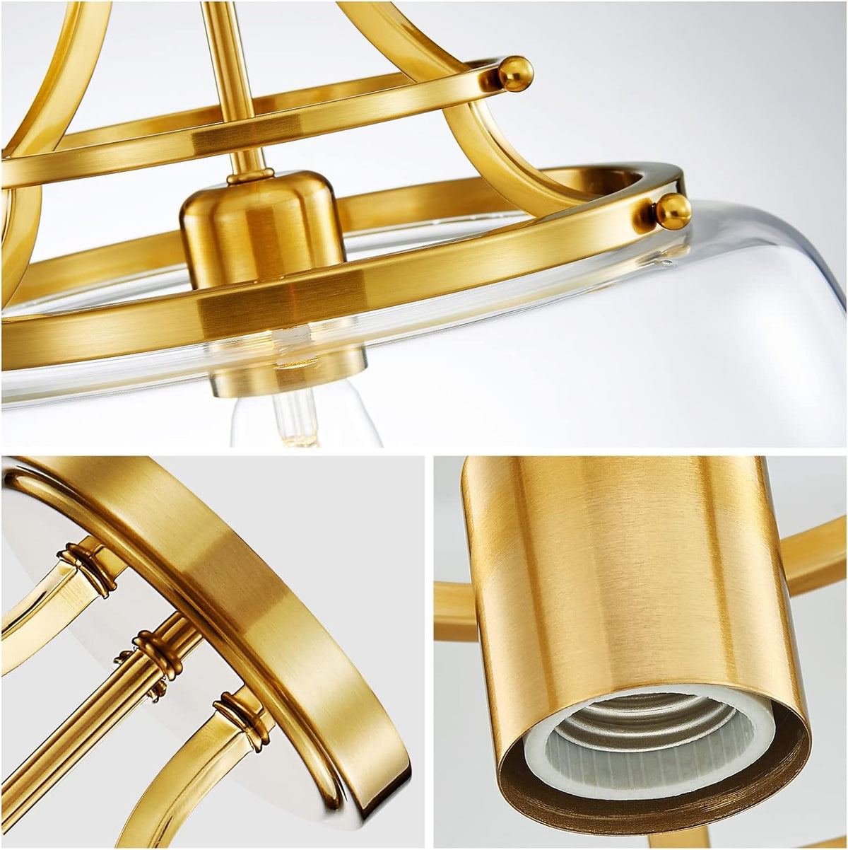 WUZUPS Chandelier Rustic Farmhouse Industrial Round Semi-flushmount Ceiling LED Light Fixture with Clear Glass Shades for Bathroom Kitchen Foyer Entryway, H 11.8" x W 13.4", E26 Base, Brushed Gold