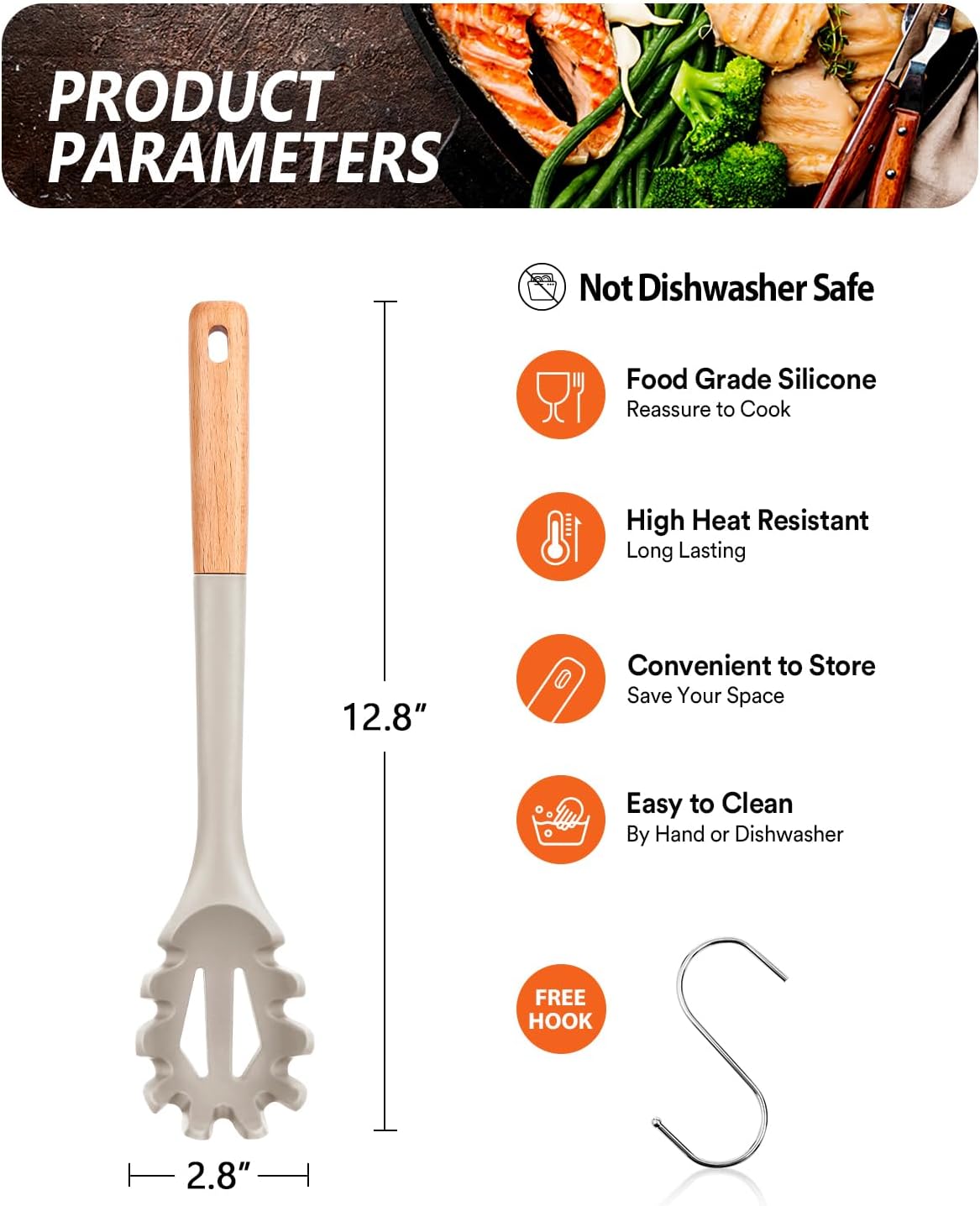 Silicone Pasta Fork, Kitchen Heat Resistant Noodle Spoon Server, BPA Free Spaghetti Strainer,12.8 inch (Khaki)