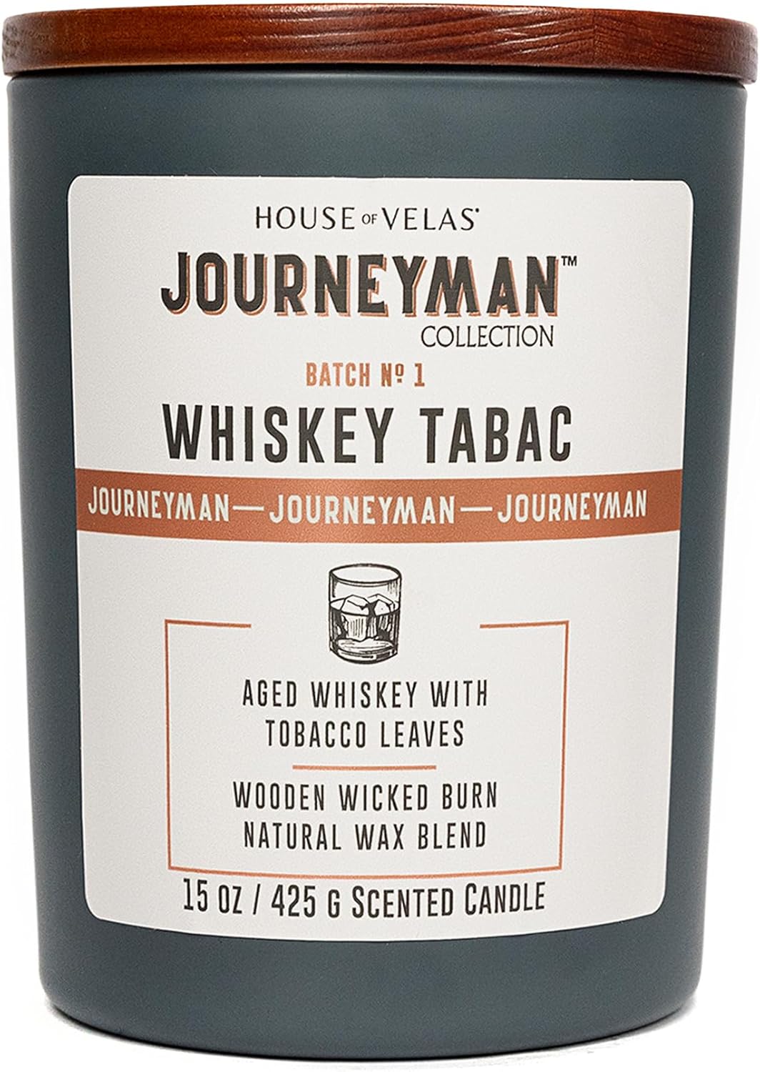 Journeyman Collection Candle, 15oz, Wooden Wick, Whiskey Tabac, Large Painted Jar