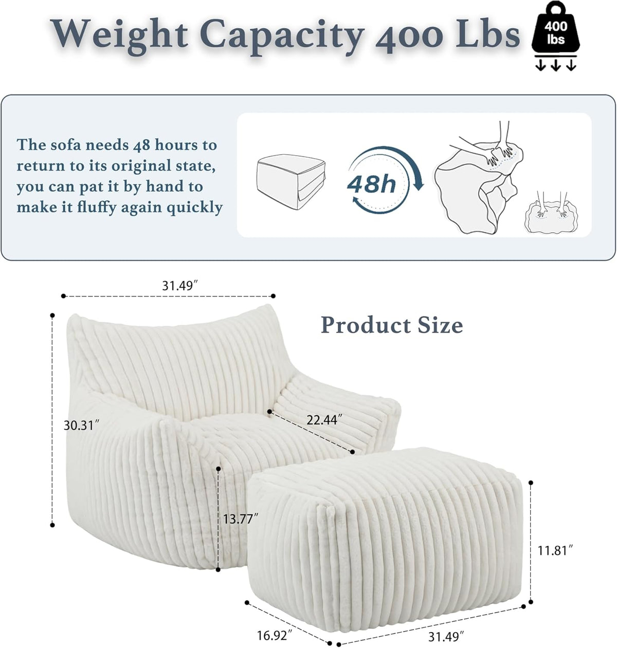 Oversized Bean Bag Chaise Lounge Chair Indoor for Adults with Armrests & Ottoman - Giant Comfy Beige Beanbag Lazy Floor Sofa Cloud Accent Chair for Reading, Gaming, Cozy Fluffy Cloud Mini Couch