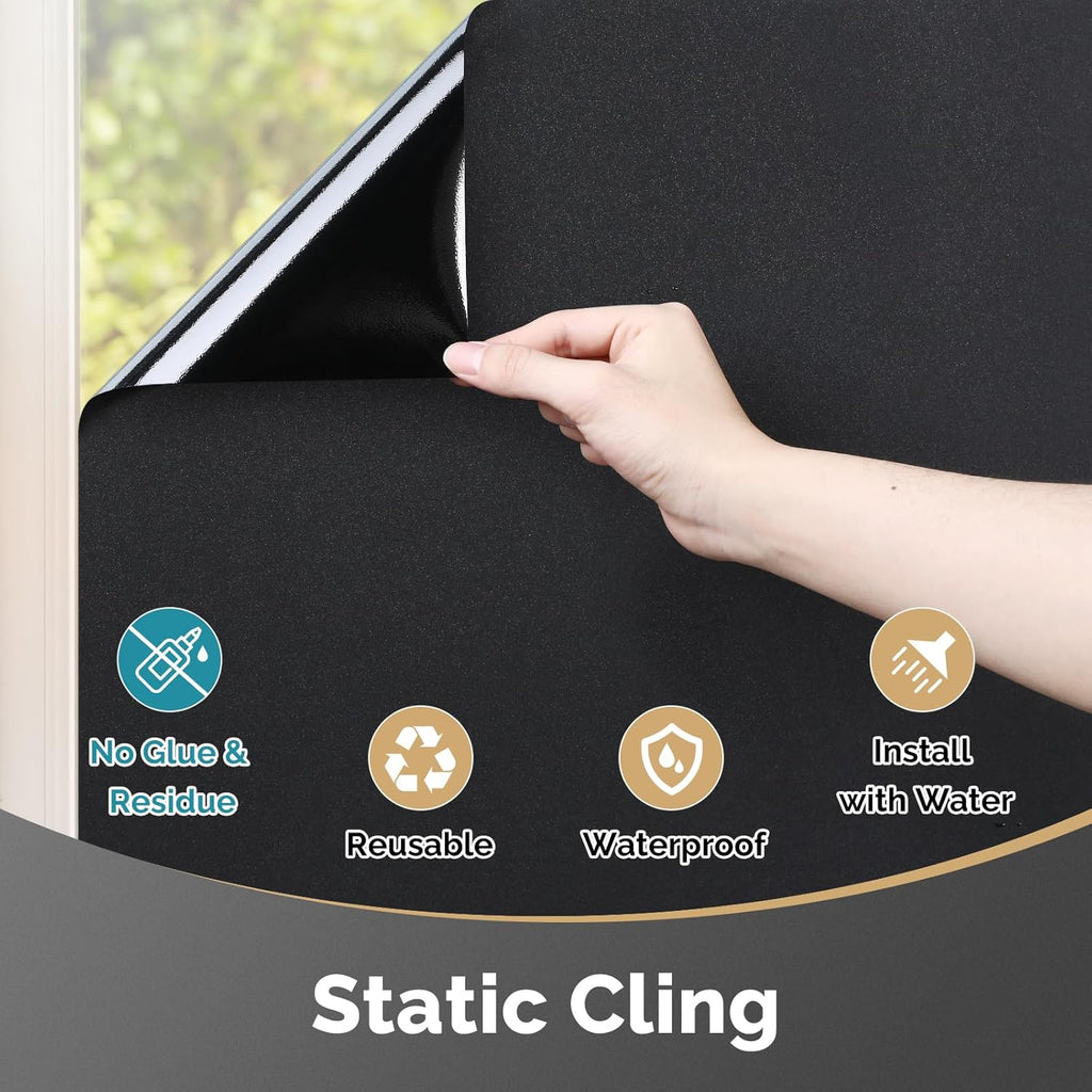 DOWELL Blackout Window Film, 100% Light Sun Blocking Static Cling Frosted Privacy Film for Glass, Heat Control Removable Window Tint, Room Darkening Cover for Day Sleep, Black, 17.5" x 157.5"