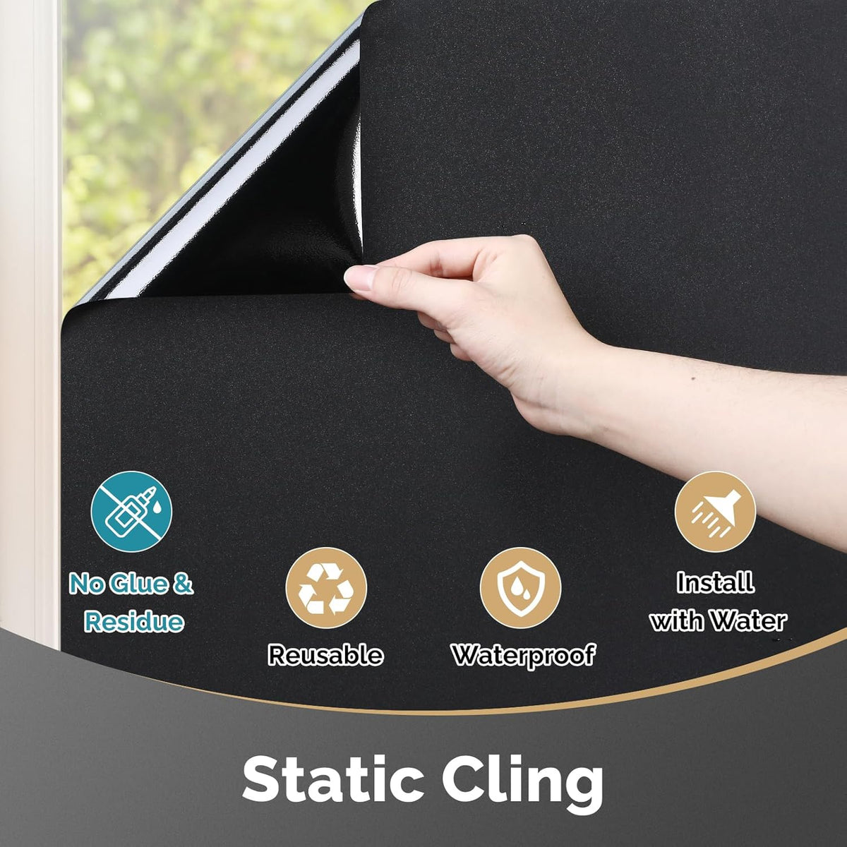 DOWELL Blackout Window Film, 100% Light Sun Blocking Static Cling Frosted Privacy Film for Glass, Heat Control Removable Window Tint, Room Darkening Cover for Day Sleep, Black, 35.4" x 78.5"